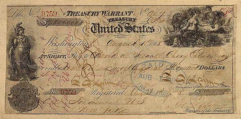 Cheque de 7,2 millones de dólares, pagado por EEUU al imperio ruso en 1867 para comprar Alaska.